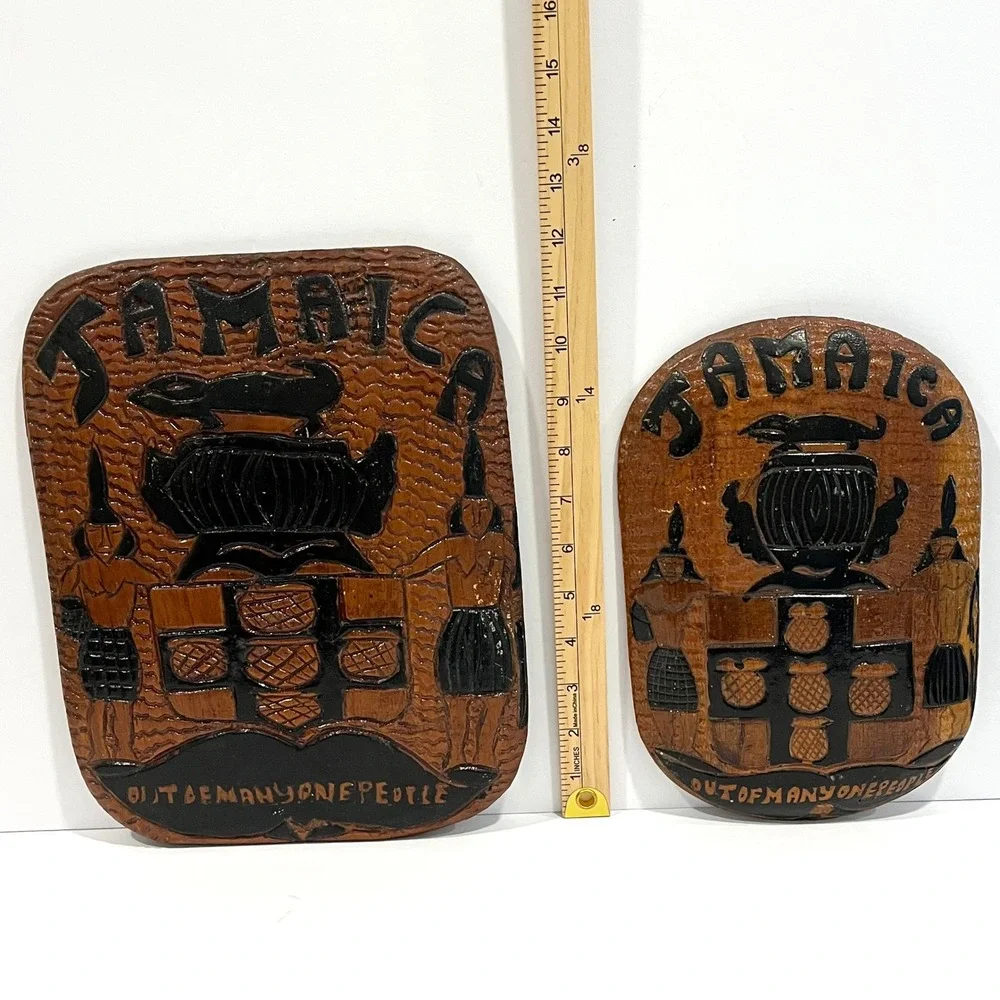 Vintage Jamaica Coat of Arms Hand Carved Wood Wall Plaque Set of 2 Folk Art